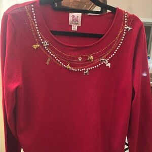 Unique for dog lovers! Red Sweater with Gold, Pearl Accents & dog charms .